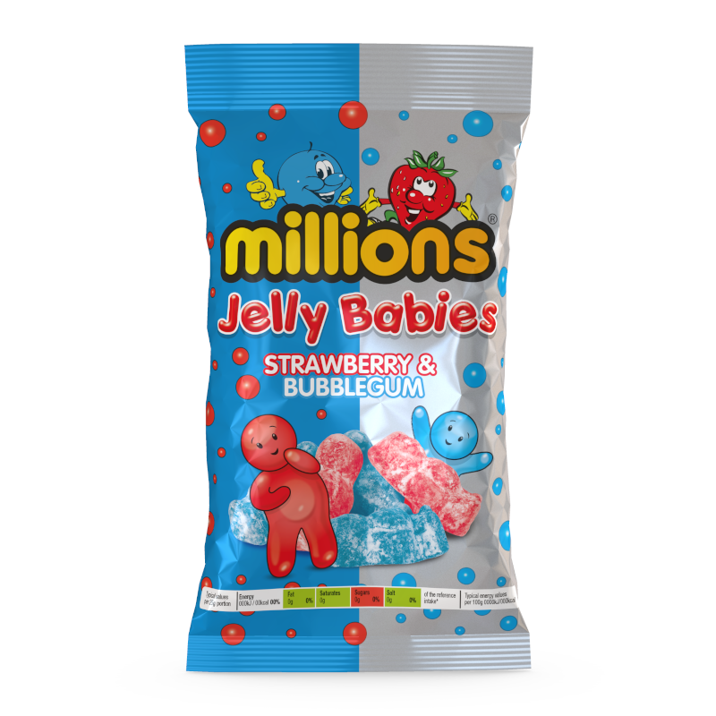 Front of Millions Strawberry Bubblegum Jelly Babies bag with bright colours, logo, and images of red and blue jelly babies (190g pack)