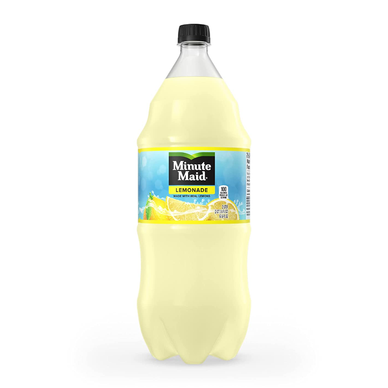 Front of Minute Maid Lemonade 2 Litre bottle featuring bright yellow lemonade colour, logo, and label details with real lemons.