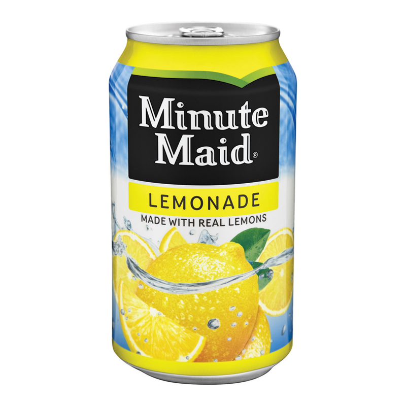 Front of Minute Maid Lemonade can showing bright yellow design, logo, and illustration of lemons with ice (355ml pack)