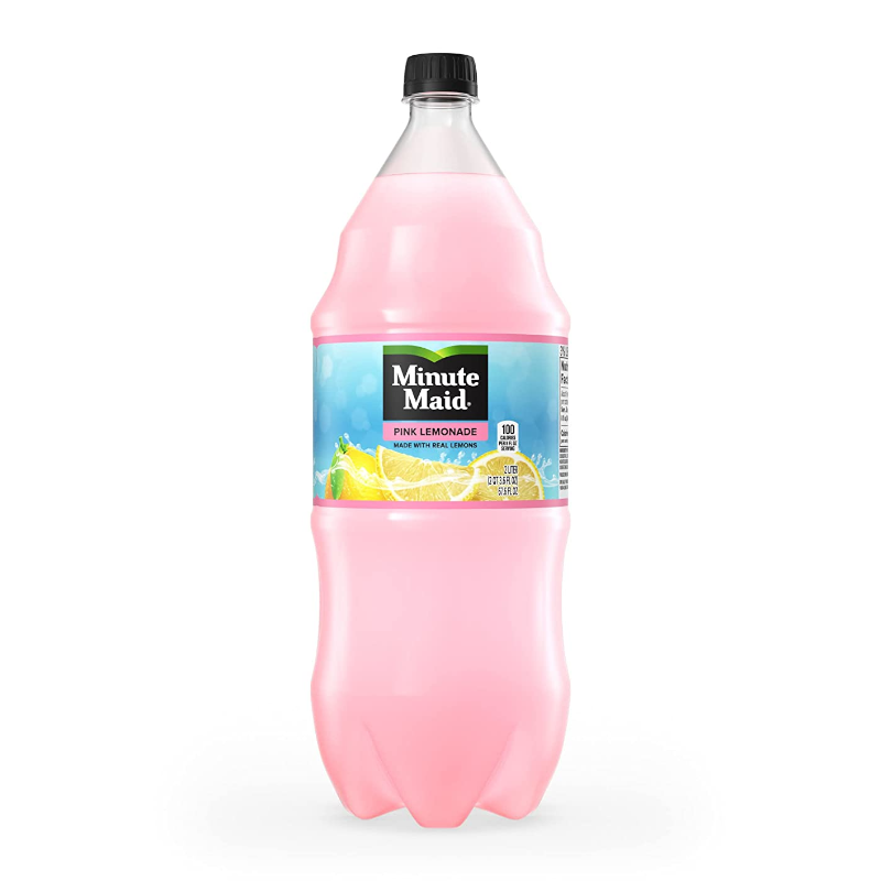 Front of Minute Maid Pink Lemonade bottle featuring the logo, pink lemonade label, and a refreshing image of lemons with a 2-litre capacity indicated.