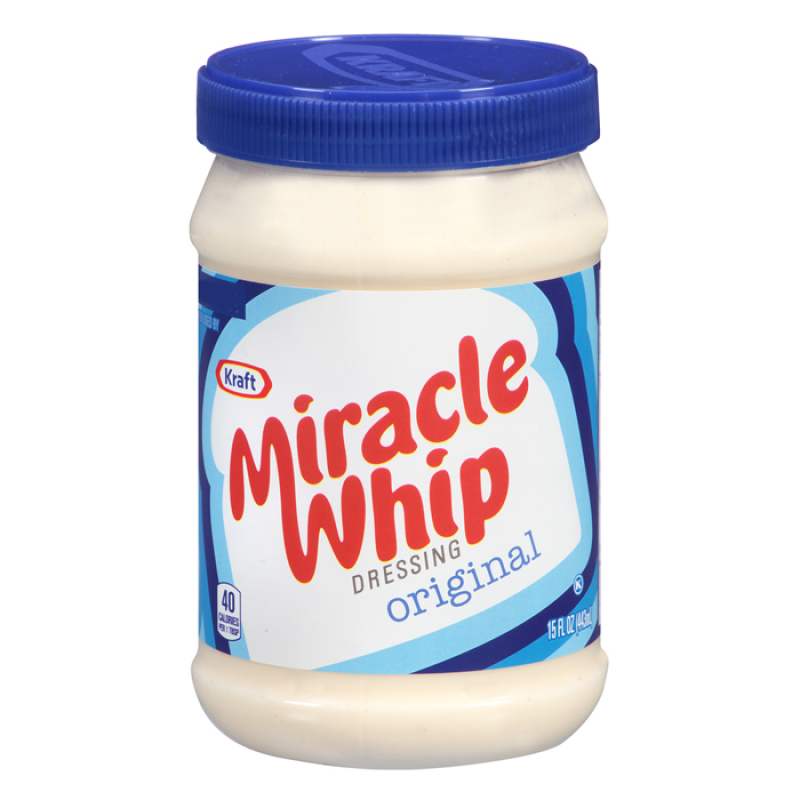 Front of Miracle Whip Original jar showing blue lid and label with logo, creamy dressing, and 425g size