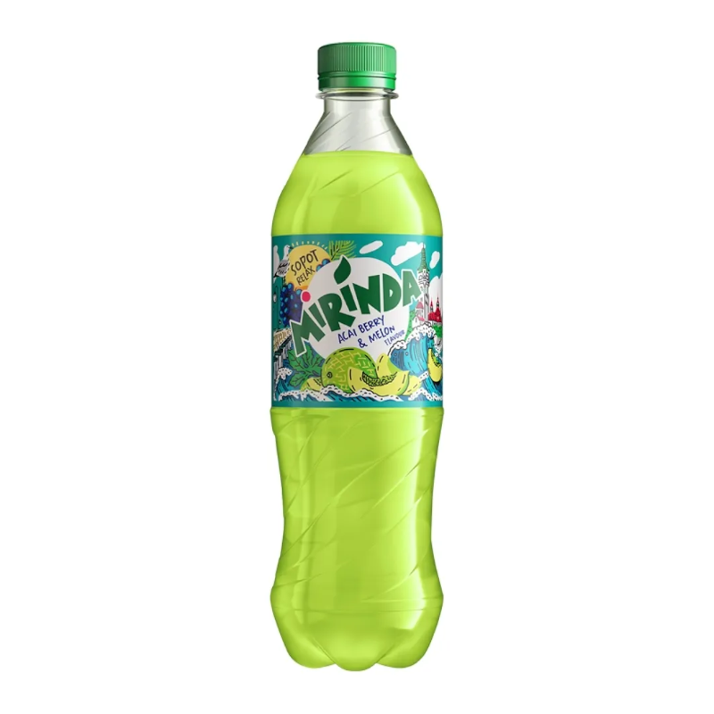Front of Mirinda Acai Berry & Melon bottle showing vibrant label with logo, images of fruit, and 500ml size.