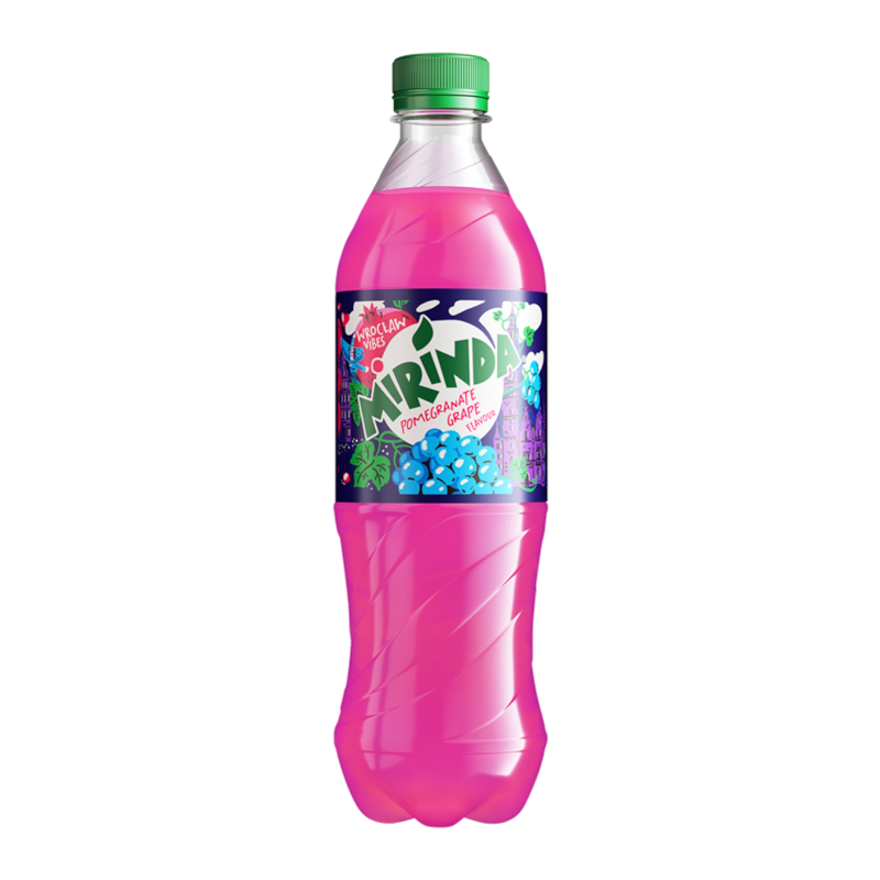 Front of Mirinda Pomegranate & Grape 500ml bottle showing vibrant label with pomegranate and grape illustrations and the Mirinda logo.