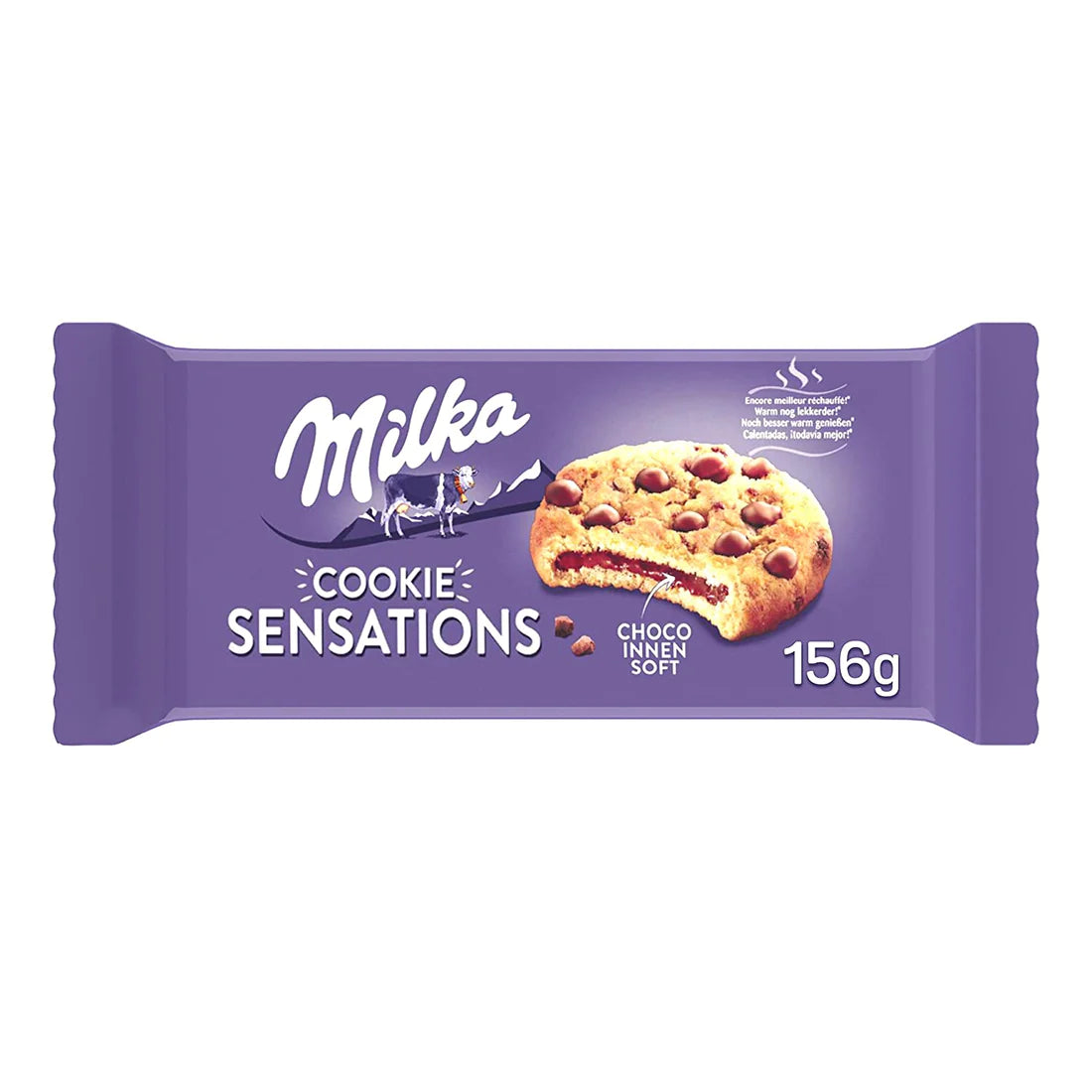Front of Milka Cookie Sensations package showing purple background, logo, and soft chocolate-filled cookie illustration (156g pack)