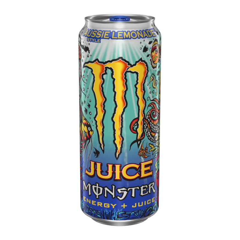 Front of Monster Juice Aussie Lemonade can featuring bold logo, vibrant lemonade design, and eye-catching graphics (473ml)