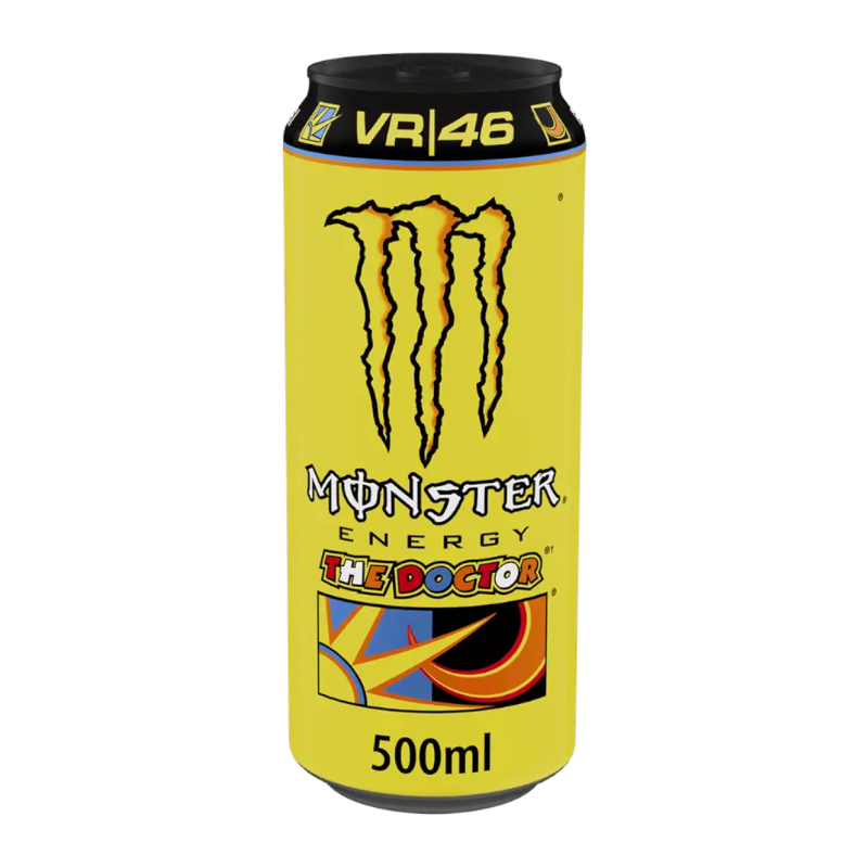 Front of a yellow can of Monster The Doctor energy drink, featuring the Monster logo and vibrant graphic design, 500ml pack size