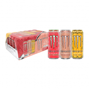 Front of Monster Ultra Variety Pack, showing three flavours: Peachy Keen, Watermelon, and Gold in a case of 24 cans (473ml each)