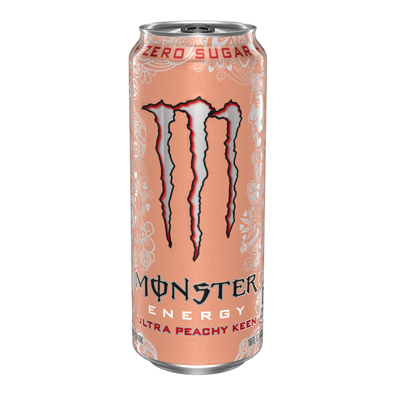Front of Monster Ultra Peachy Keen USA can showing peach colour, logo, and product name, 473ml pack size