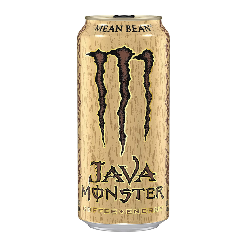 Front of a Monster Java Mean Bean can showing the logo, coffee + energy label, and a wood-textured design (444ml pack)