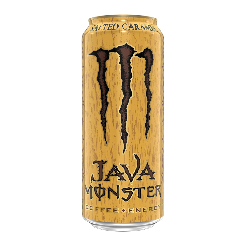 Front of Monster Java Salted Caramel can showing the logo and design on a 444ml beverage can