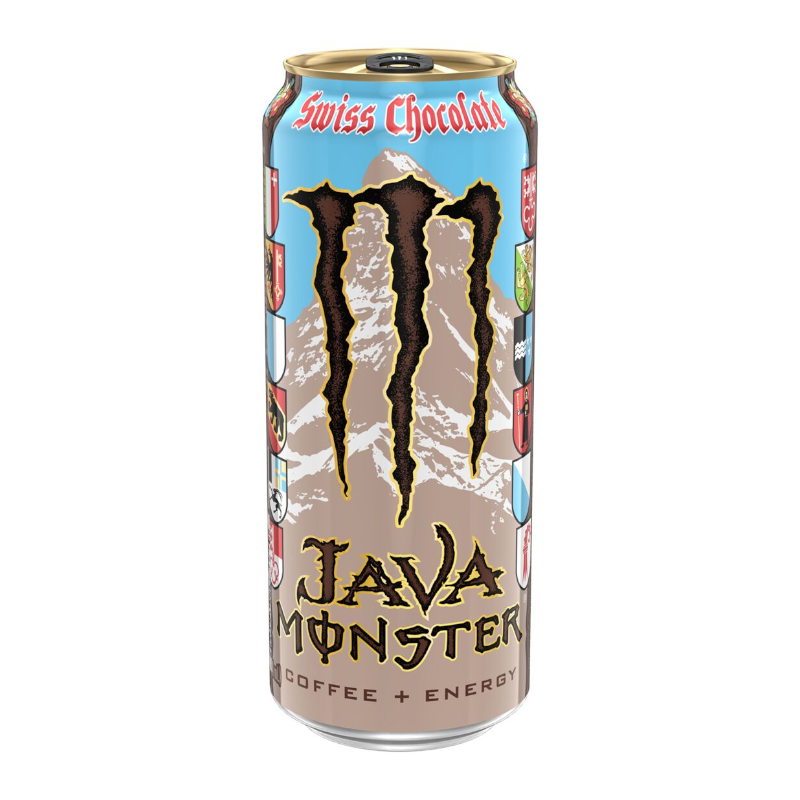 Front of Monster Java Swiss Chocolate can featuring the logo, Swiss chocolate flavour, and details of coffee and energy (444ml pack)