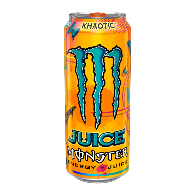Front of Monster Juice Khaotic can displaying bold Monster logo, vibrant colour design, and energy juice label (473ml)