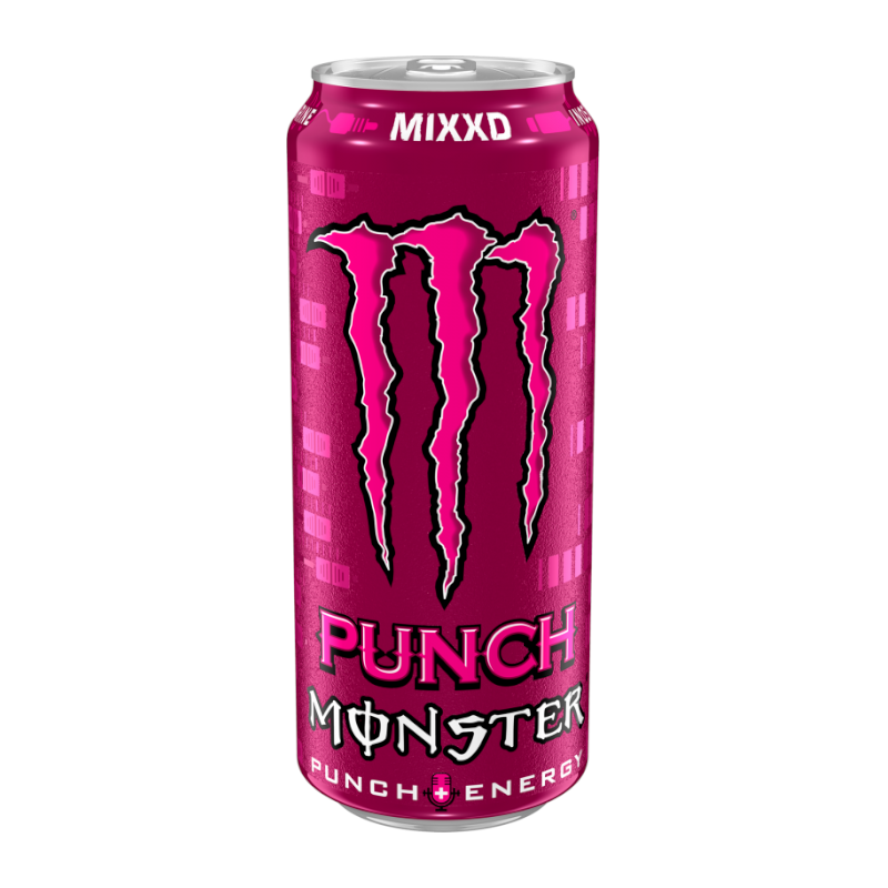 Front of Monster Mixxd Fruit Punch 500ml can showing vibrant design with the bold logo and fruit punch flavour prominently displayed.
