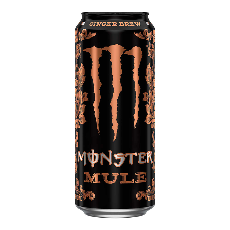 Front of Monster Mule Ginger Brew can displaying the bold black and copper design, featuring the brand logo and 'ginger brew' label (473ml can)