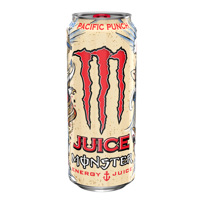 Front of a Monster Pacific Punch can showing vibrant design with logo and tropical drink imagery (500ml can)