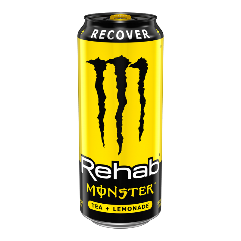 Front of a Monster Rehab Original Tea + Lemonade can featuring bold yellow design, logo, and beverage name (458ml).