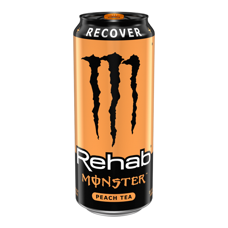 Front of Monster Rehab Peach Tea can featuring vibrant orange design, black logo, and peach tea flavour label (458ml)