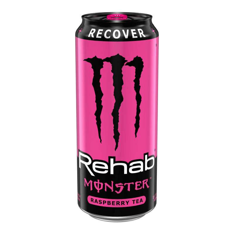 Front of Monster Rehab Raspberry Tea can featuring the logo, raspberry tea flavour label, and vibrant pink colour (458ml)