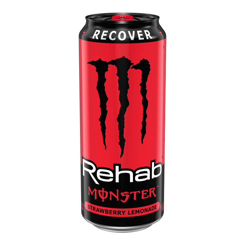 Front of Monster Rehab Strawberry Lemonade can featuring a vibrant red design, logo, and flavour details (458ml)