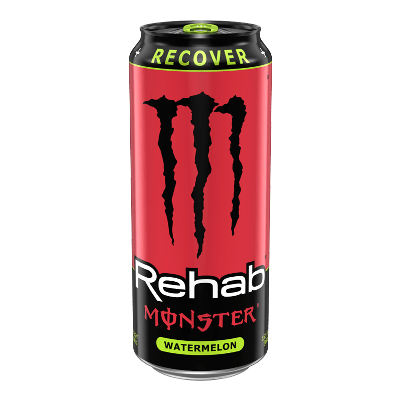 Front of Monster Rehab Watermelon can showing vibrant red design, black Monster logo, and watermelon flavour label (458ml pack)