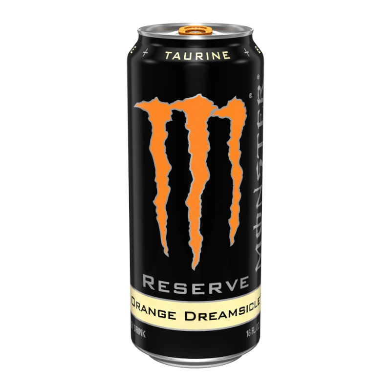 Front of Monster Reserve Orange Dreamsicle can showing orange logo, creamy orange flavour label, and energy drink details (500ml pack)