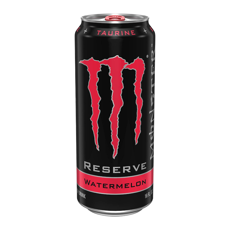 Front of Monster Reserve Watermelon can featuring black and red logo with watermelon flavour label, 473ml pack size visible
