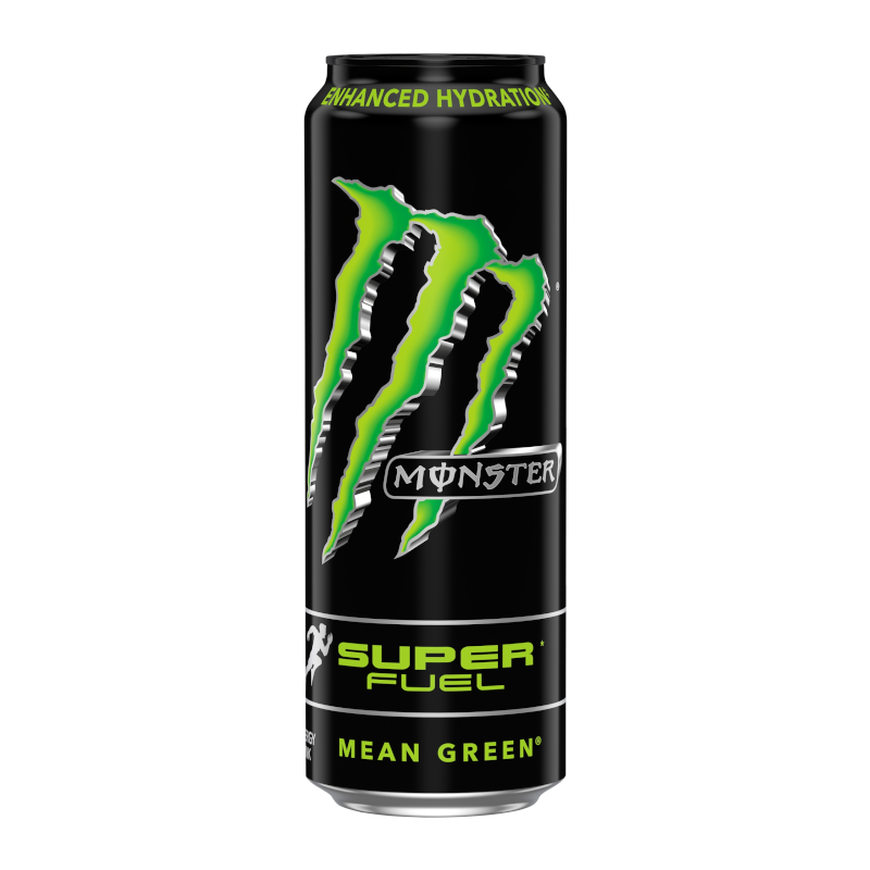 Front of Monster Super Fuel Mean Green can featuring bold green and black design, Monster logo, and enhanced hydration label (568ml)