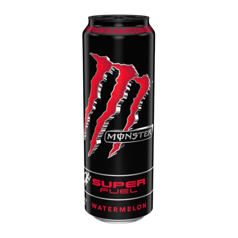 Front of Monster Super Fuel Watermelon can showing the iconic logo, watermelon flavour, and 568ml pack size.