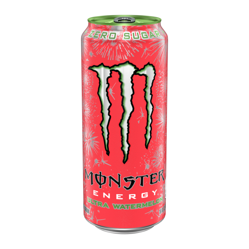 Front of Monster Ultra Watermelon can featuring bright pink design, logo, watermelon flavour label, and 473ml pack size.