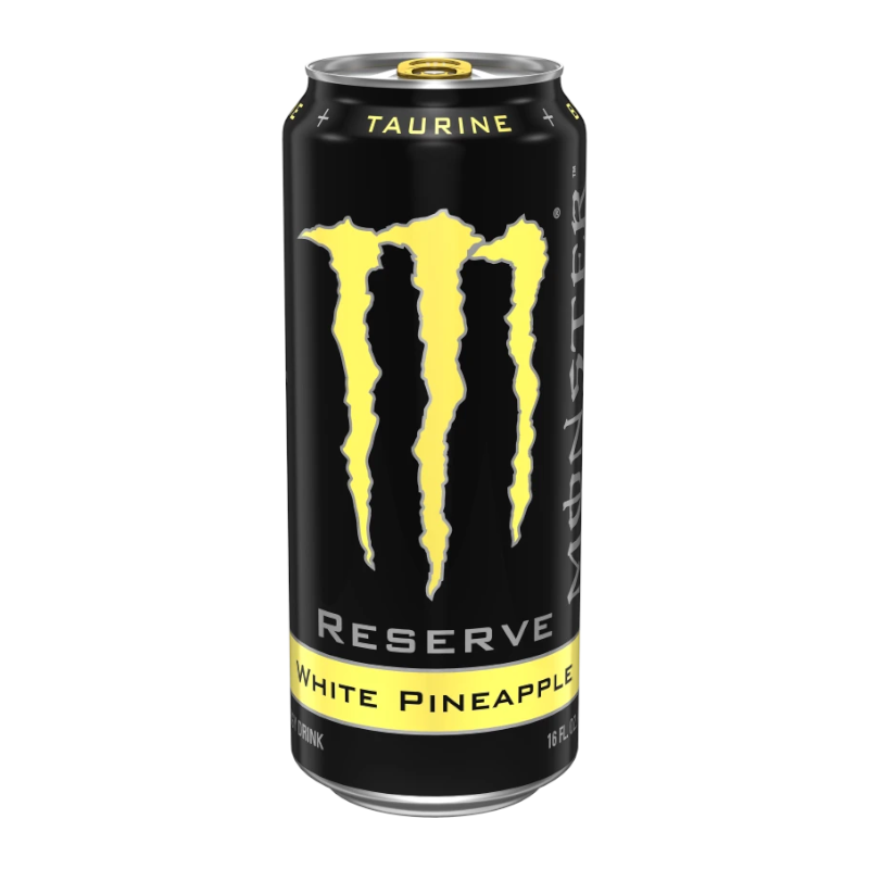 Front of Monster Reserve White Pineapple can showcasing bold logo, vibrant yellow design, and refreshing pineapple flavour (473ml)