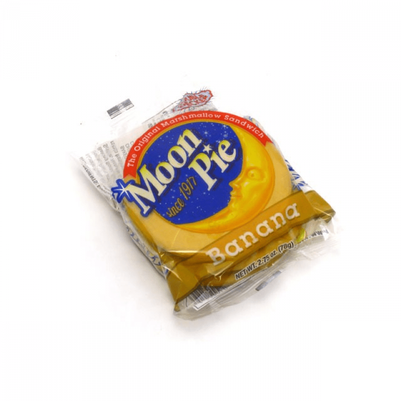 Front of Moon Pie Banana Double Decker showing the logo, banana flavour label, and packaging details (78g pack)