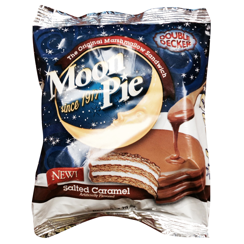 Front of Moon Pie Salted Caramel Double Decker package showing blue and brown packaging, marshmallow sandwich design, and 78g size