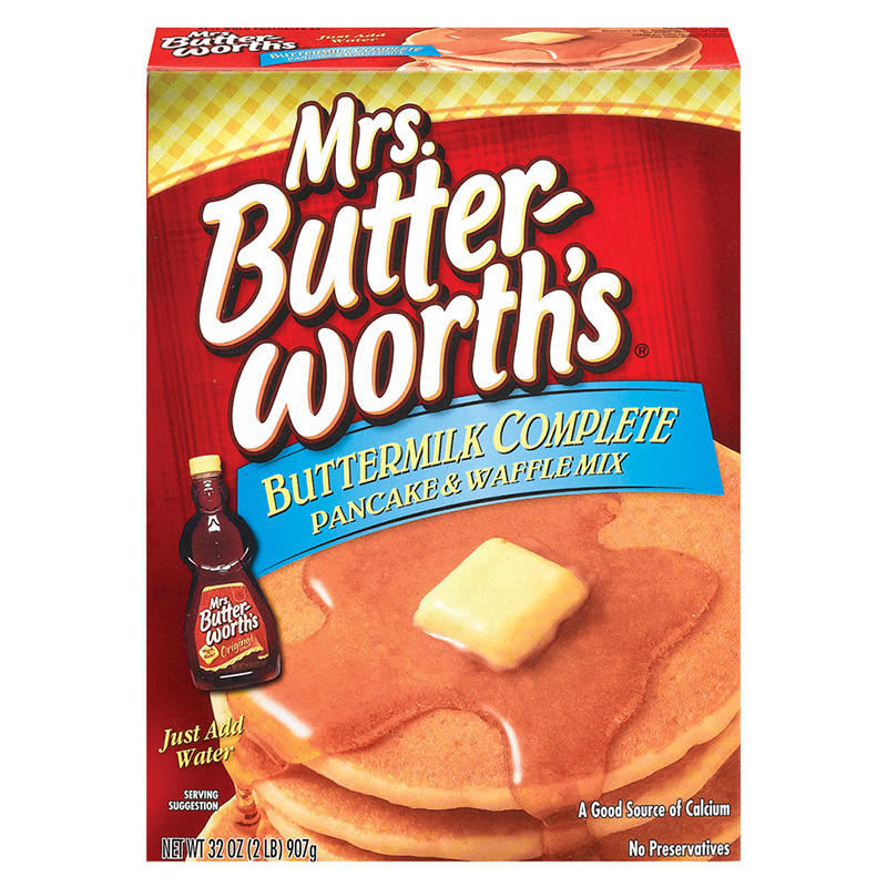 Front of Mrs Butterworth Buttermilk Complete Pancake and Waffle Mix box displaying the logo, pancakes with butter and syrup, and 907g pack size
