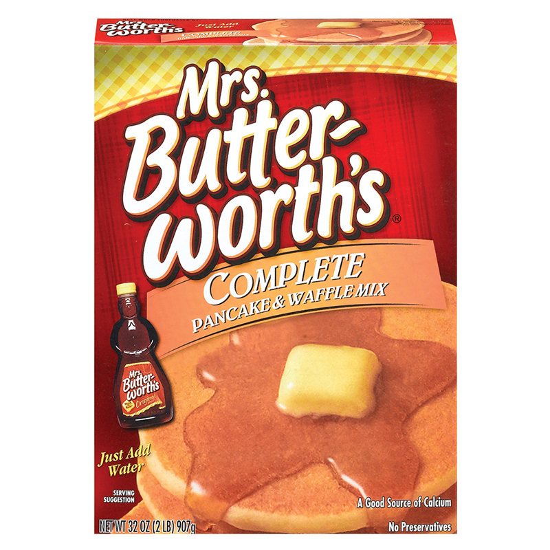 Front of Mrs Butterworth Original Complete Pancake and Waffle Mix box showing logo, pancake and butter image, and pack size (907g)