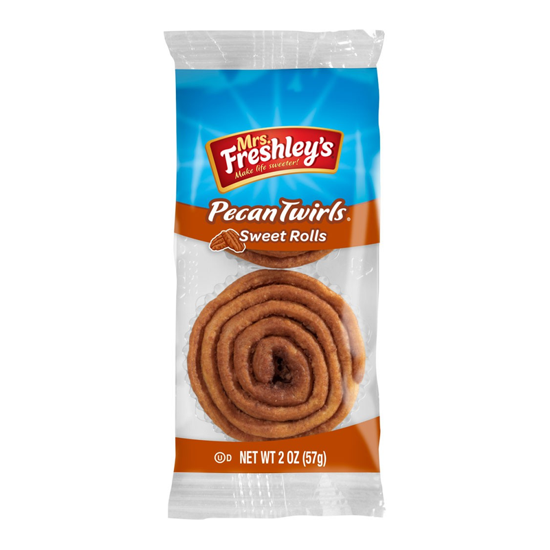 Front of Mrs Freshley's Pecan Twirls Sweet Rolls pack showing logo, product name, and sweet rolls (57g)