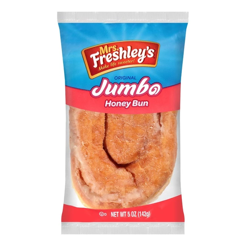 Front of Mrs Freshley's Jumbo Honey Bun package showing the brand logo, product name, and delicious honey bun design (142g pack)