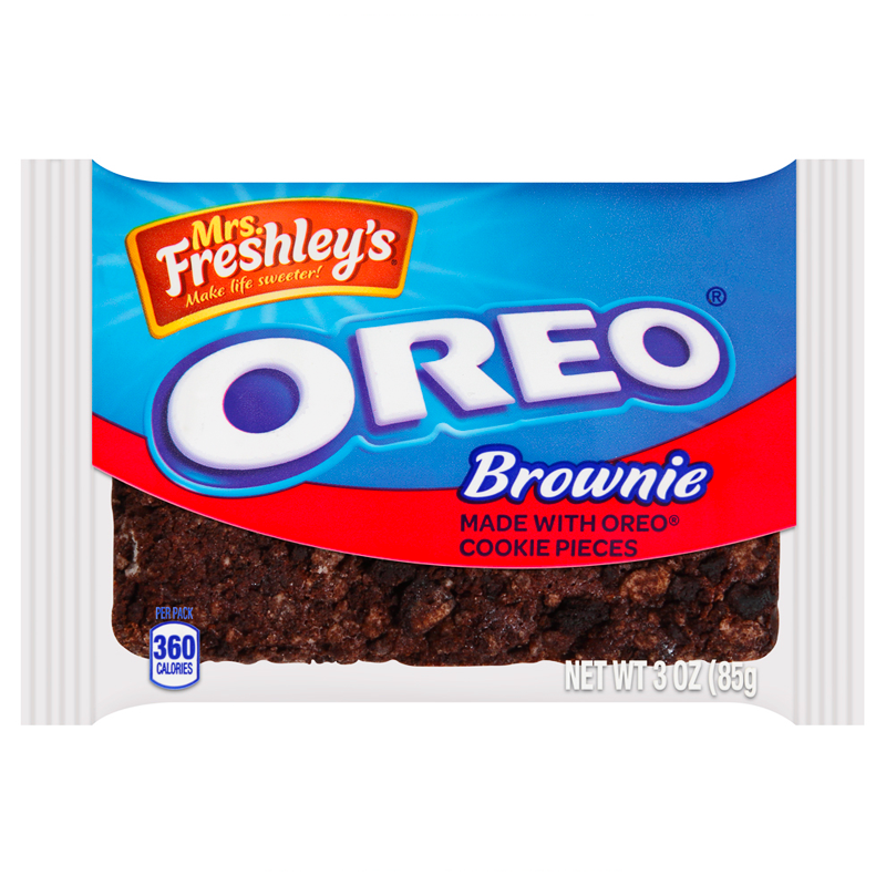 Front of Mrs Freshley's Oreo Brownie package showing the logo, Oreo flavour, and pack size (85g).