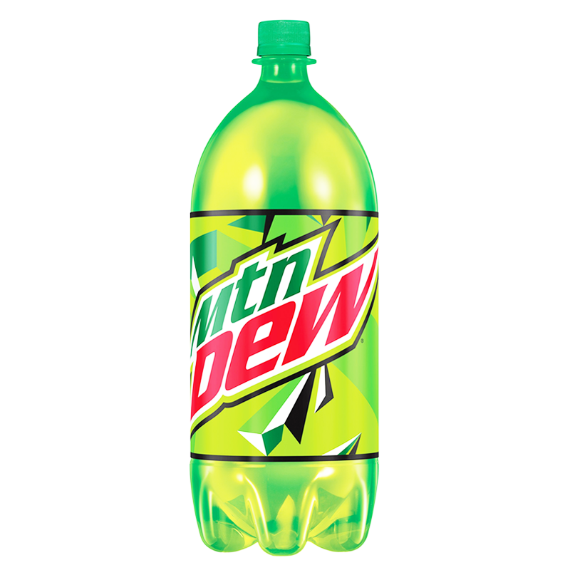 Front of Mountain Dew USA Original 2 Litre bottle featuring the logo, vibrant green and yellow design, and iconic citrus imagery.