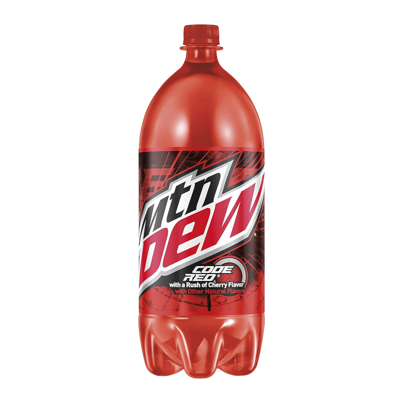Front of Mountain Dew Code Red 2 Litre bottle showing bold logo, bright red colour, and a label highlighting the cherry flavour.