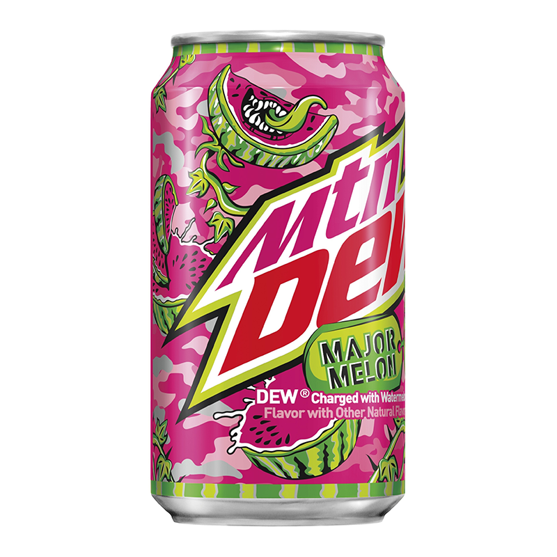 Front of Mountain Dew Major Melon can featuring the logo, vibrant watermelon design, and details of 355ml pack size.