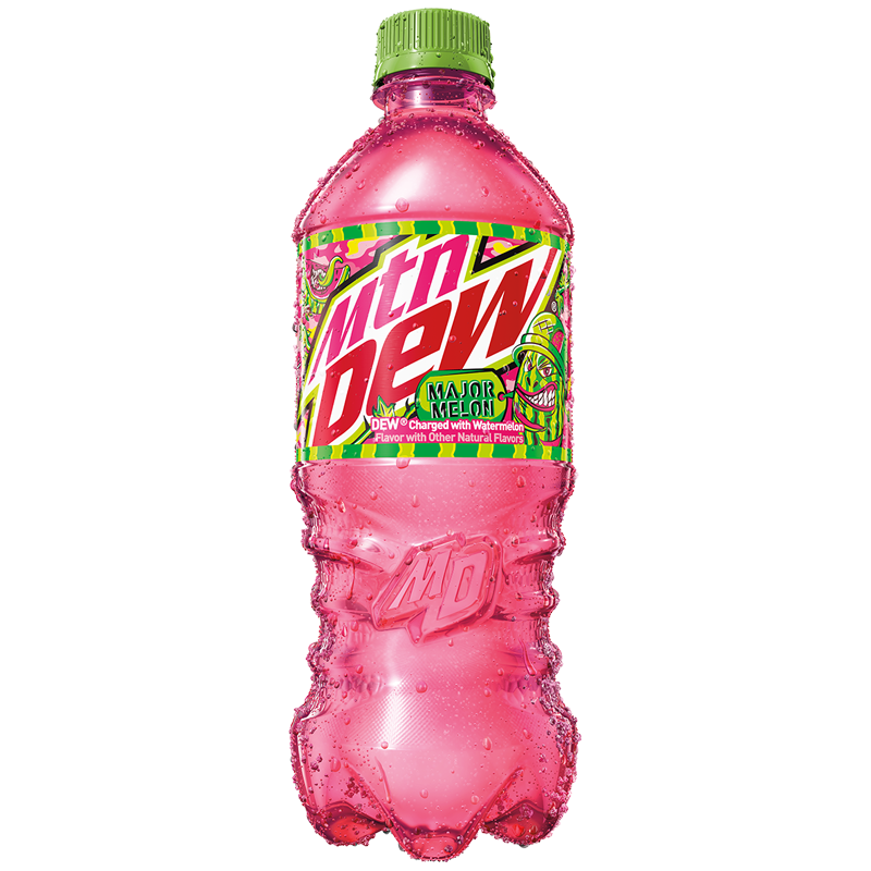 Front of a Mountain Dew Major Melon bottle showing the bright logo, watermelon flavour label, and 591ml size.