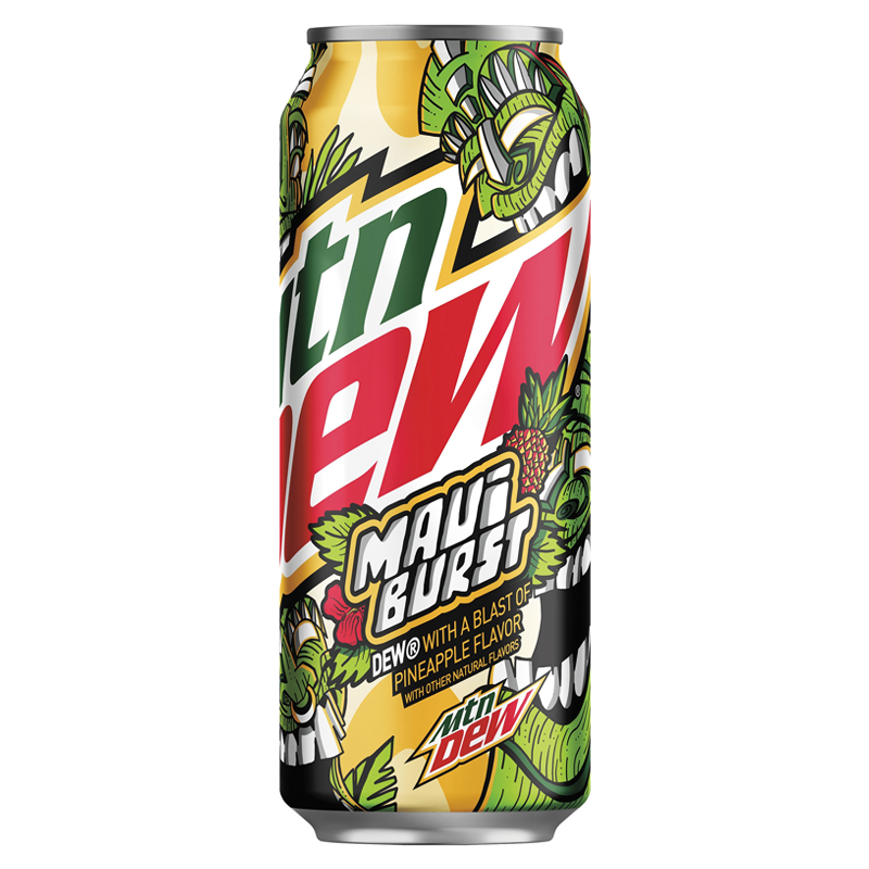 Front of Mountain Dew Limited Edition Maui Burst can displaying the logo, pineapple flavour label, and vibrant design with a 473ml size indication.