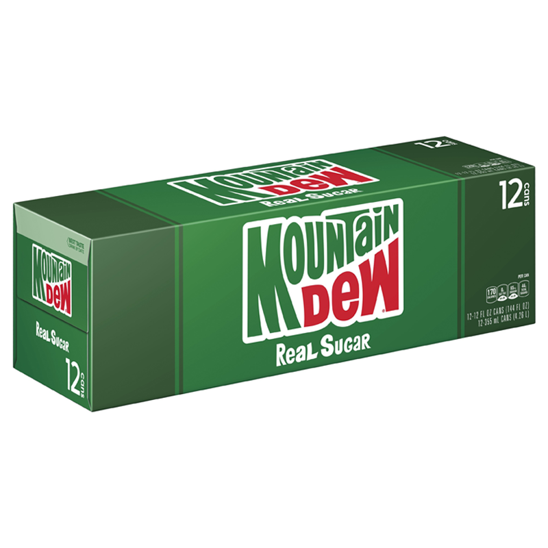 Front of Mountain Dew Real Sugar case showing bold green logo, clear 'Real Sugar' text, and 12 pack of 355ml cans.