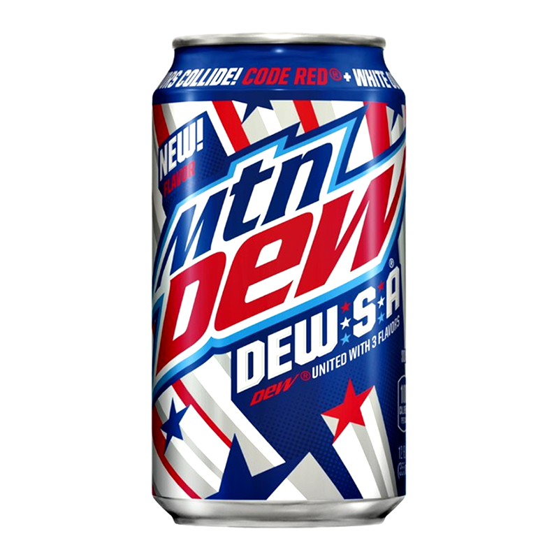 Front of Mountain Dew-S-A Limited Edition can featuring bold logo, vibrant design, and patriotic colours (355ml pack)