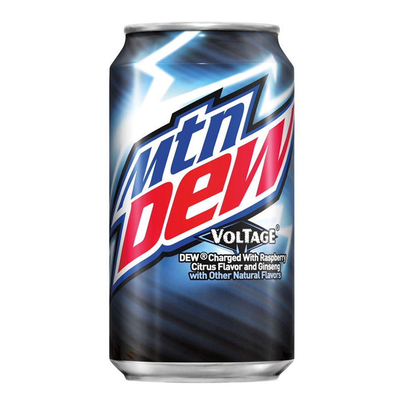 Front of Mountain Dew Voltage can featuring the vibrant blue and red logo, raspberry and citrus flavour cues, and 355ml pack size.