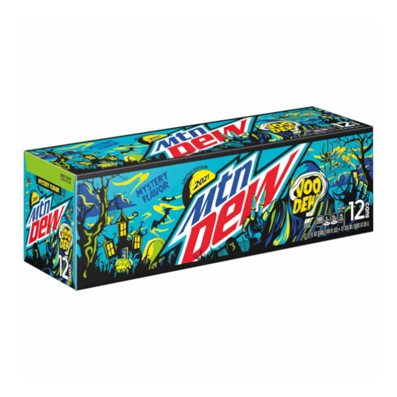 Front of Mountain Dew VooDEW Mystery Flavour Case of 12 showing vibrant blue design with mystery flavour label and pack size (355ml x12)