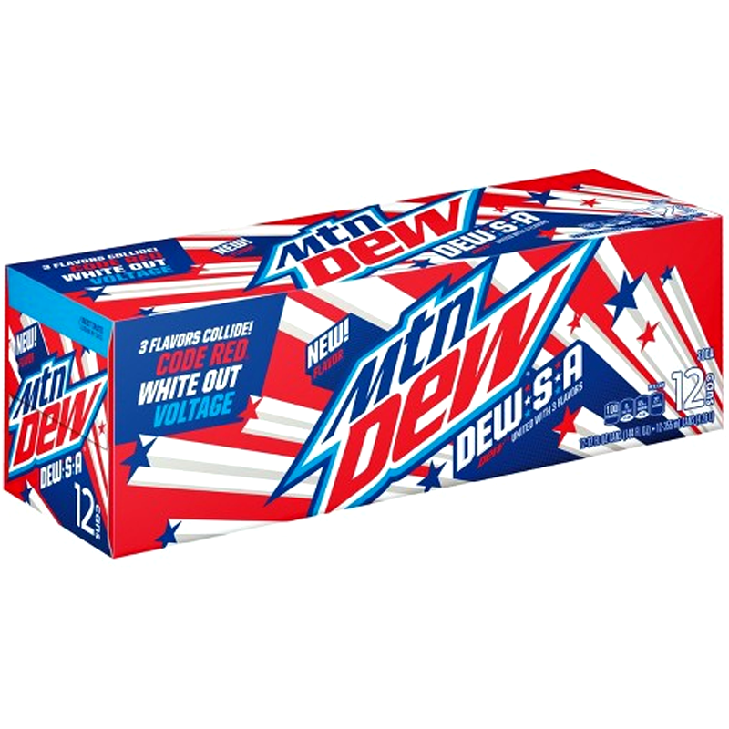 Front of Mountain Dew-S-A case showing red, white, and blue design with logos and text detailing Code Red, White Out, and Voltage flavours (12 x 355ml)