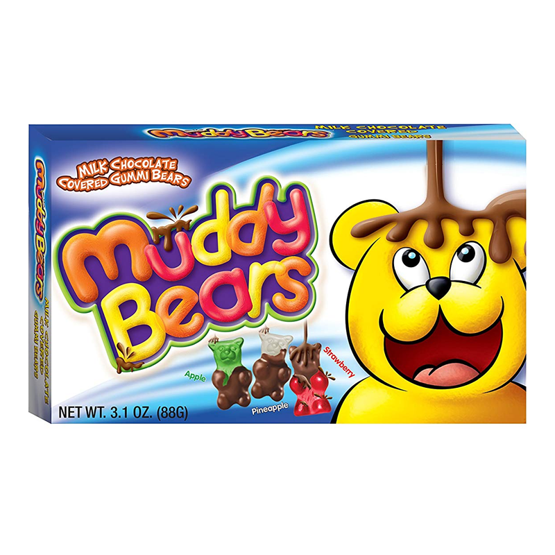 Front of Muddy Bears Milk Chocolate Covered Gummi Bears Theatre Box showing the colourful logo, chocolate-coated gummi bears, and pack size of 88g.