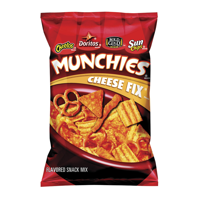 Front of Munchies Cheese Snack Mix bag showing bold logo, assorted snacks including pretzels and chips, and pack size of 262.2g.