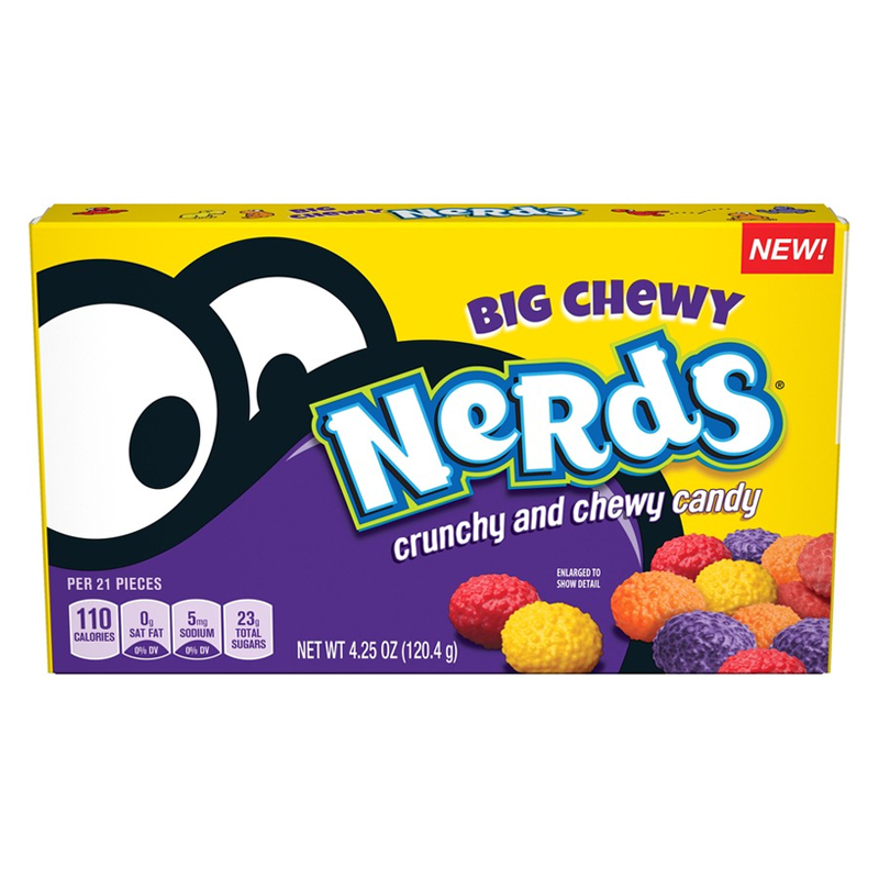 Front of Nerds Big Chewy Theatre Box showing the vibrant logo and an assortment of colourful crunchy and chewy candies (120.4g pack)
